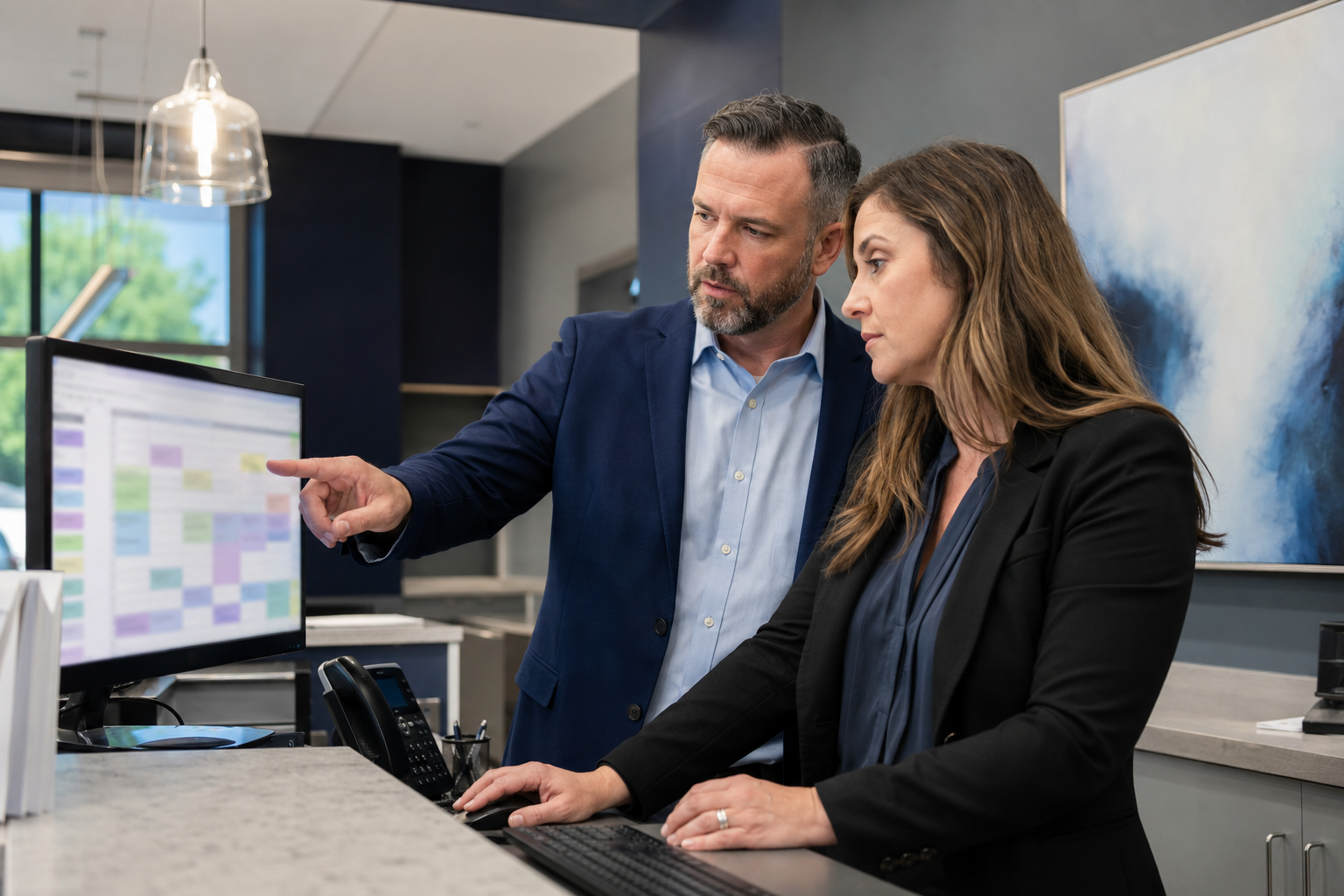 Regional operations director and practice administrator reviewing scheduling capacity at a dental office front desk