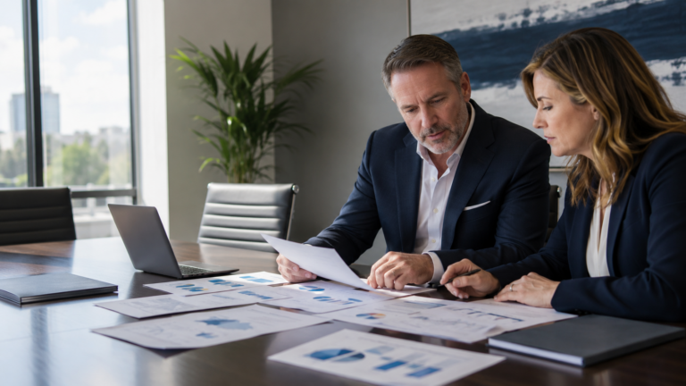 DSO executives reviewing multi-location dental group performance reports in a conference room