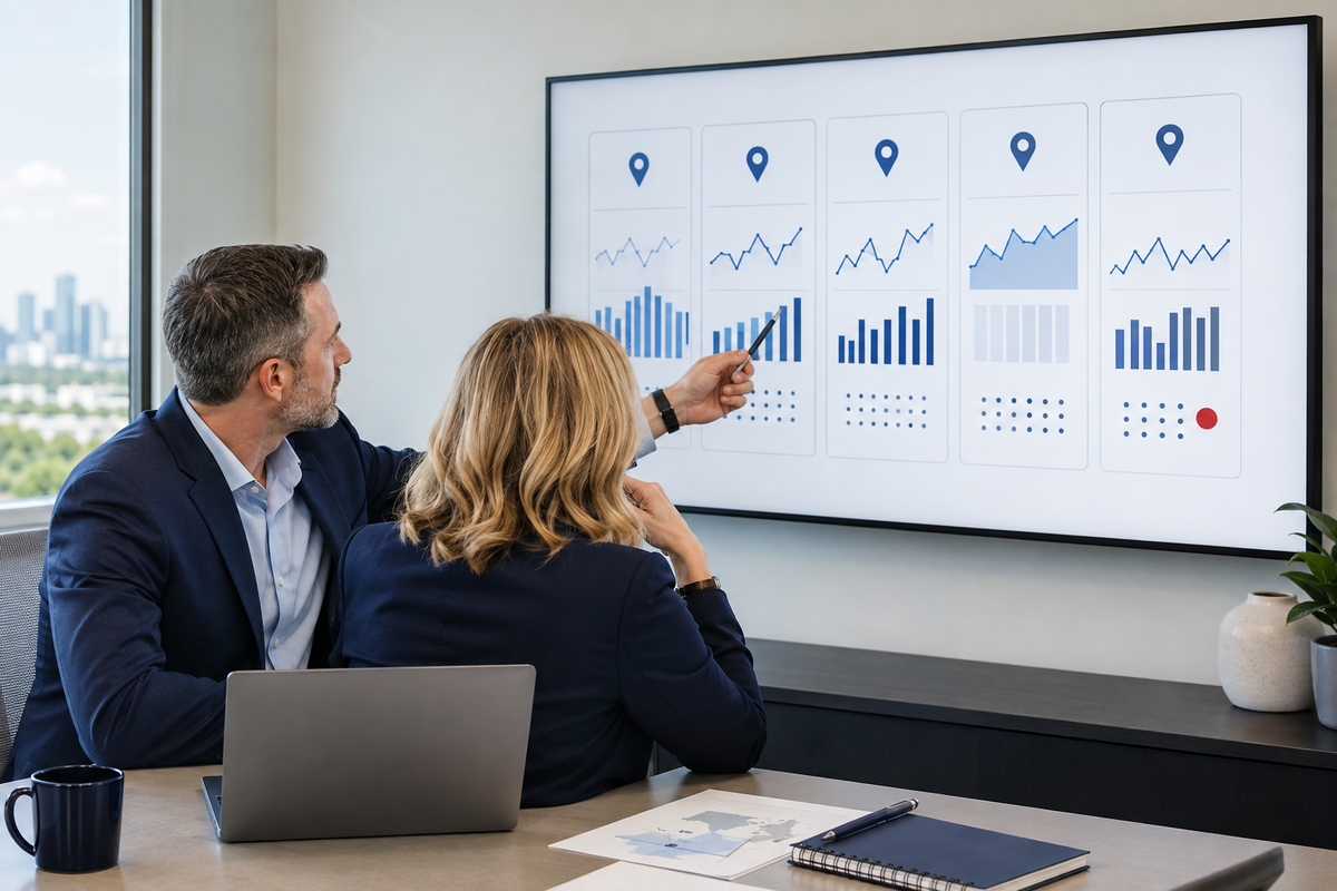 Two dental group leaders review a five-location performance view with separate trends for each office.
