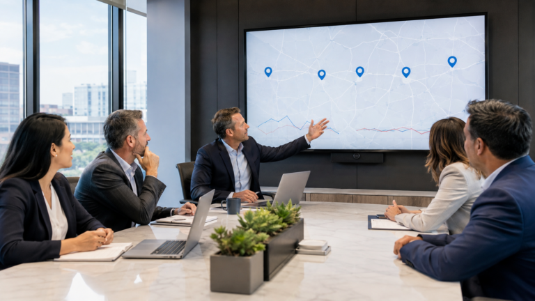 Dental group leaders reviewing a location-level performance map for five dental locations.