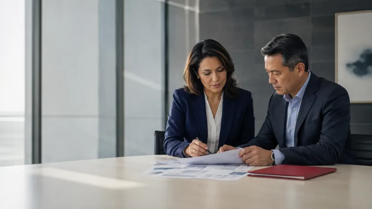 Dental marketing HIPAA compliance, two healthcare marketing executives reviewing a vendor inventory report at a conference table