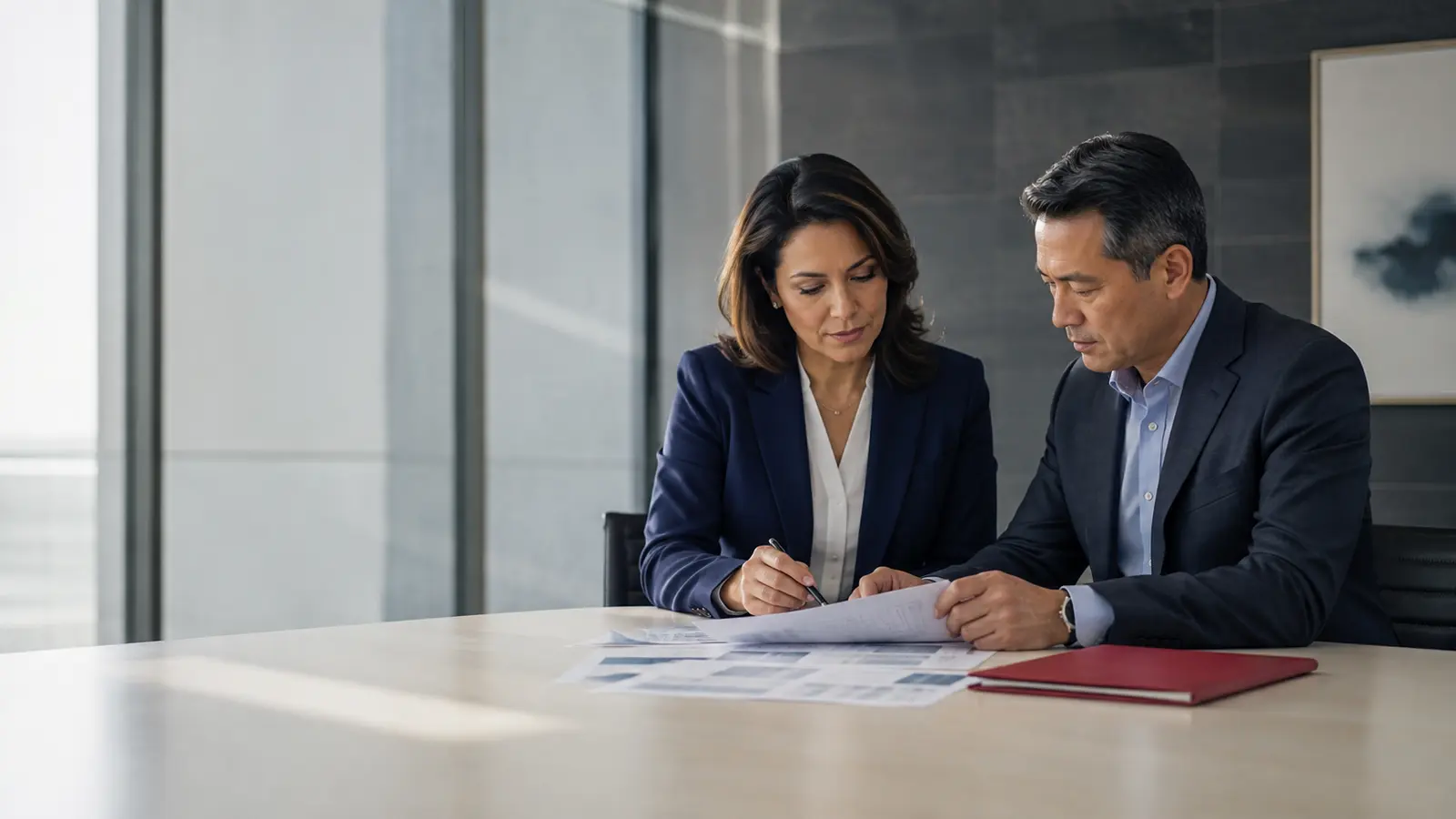 Dental marketing HIPAA compliance, two healthcare marketing executives reviewing a vendor inventory report at a conference table