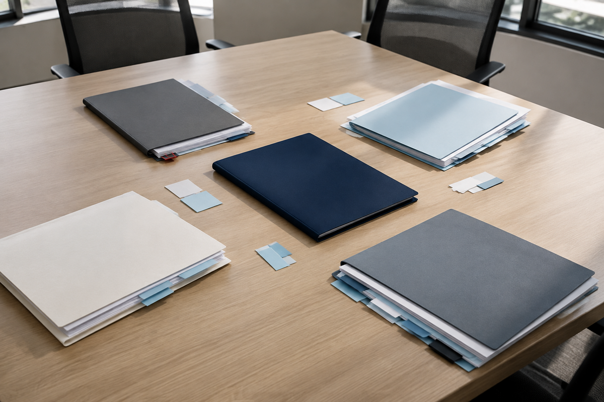 Separate unbranded operating folders spread across a conference table, representing fragmented marketing governance in a multi-location dental group.