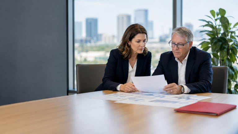 Two dental group leaders review non-readable operating documents before a recapitalization, illustrating factors that can support a higher DSO EBITDA multiple.