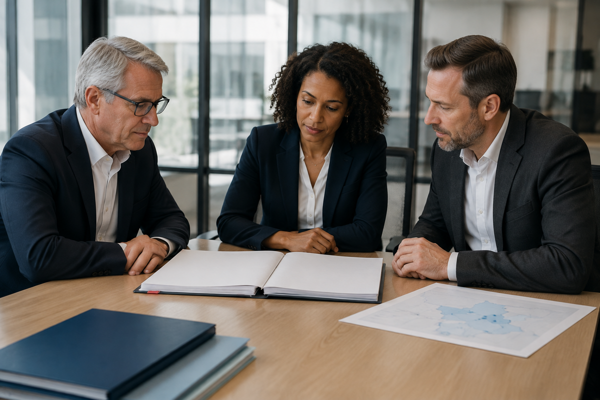 Three dental group leaders review a shared operating binder and an abstract regional map during a standardized growth review.